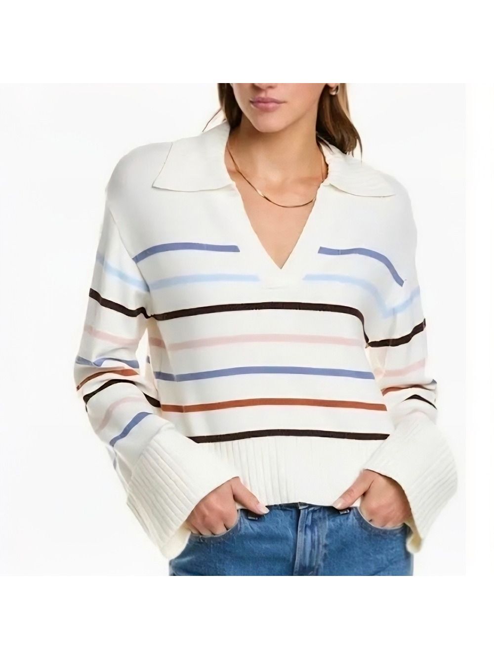 Laundry By Shelli Segal Johnny Collar Sweater White Multicolor Stripes V-Neck